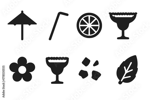 Margarita Decor Icons. Solid, filled icon set of margarita cocktail decorations: cocktail umbrella, straw, lime wheel, salt rim, flower garnish, sugar rim,