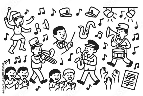 Music Parade Doodle. Hand-drawn doodle illustration Music-themed parade marching band, trombone, saxophone, music notes, conductor baton, hats, parade boots,