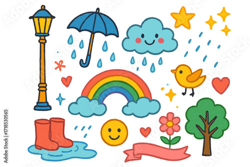 Rainy Day Doodles. Colorful Hand-drawn doodle Children illustration Rainy Day Lamp Post lamp, umbrella, raindrops, boots, puddle, rainbow, cloud, star,