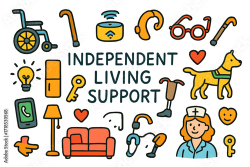 Inclusive Living Doodle. Colorful Hand-drawn doodle Children illustration Independent living support [wheelchair, walking cane, smart home device, hearing aid,
