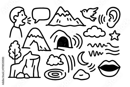 Echoes in Nature. Hand-drawn doodle illustration Echo sound waves, mountain, person shouting, speech bubble, wave lines, cave, cliff, tree, bird, cloud, star,