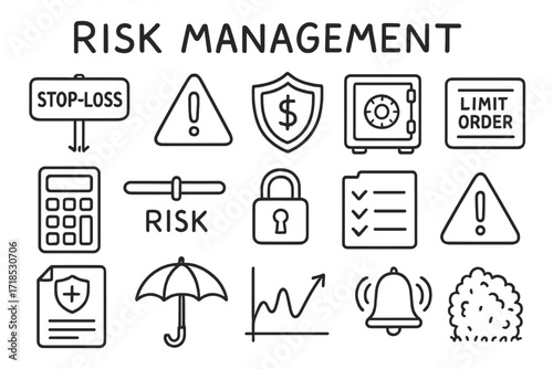 Risk Management Icons. Hand-drawn doodle illustration Risk Management stop-loss icon, warning sign, shield with dollar, safe box, calculator, risk bar, lock,