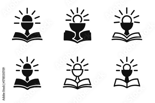 Catholic Education Logos. Catholic education. Set Logo of Catholic education: chalice with rays and book. harmonious logo variations of the same emblematic