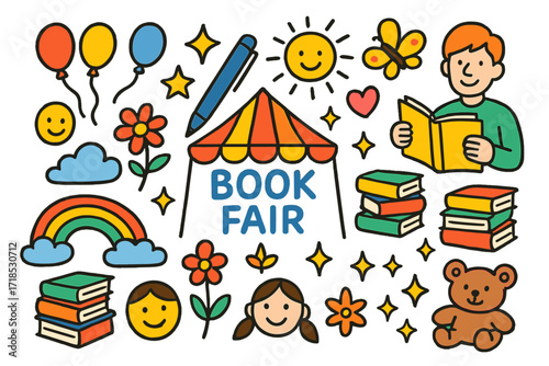 Whimsical Book Fair. Colorful Hand-drawn doodle Children illustration Book Fair tent, stacks of books, author, pen, balloons, rainbow, flower, butterfly, sun,