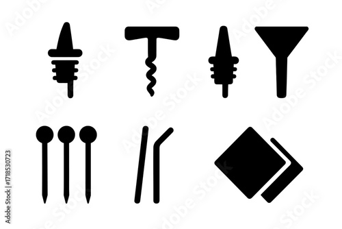 Bartending Tools Icons. Solid, filled icon set of bar shelf bartender tools: pour spout, corkscrew, bottle pourer, speed pourer, funnel, cocktail picks,