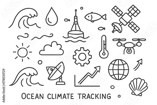 Ocean Climate Icons. Hand-drawn doodle illustration Ocean climate tracking wave, droplet, fish, buoy, satellite, drone, thermometer, sun, cloud, gear, globe,