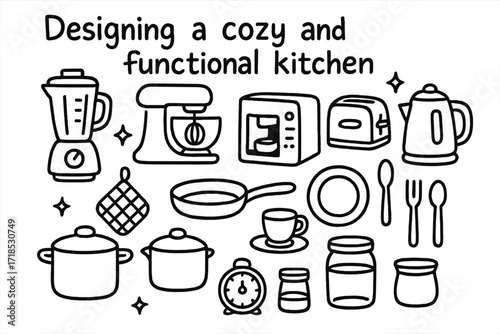 Cozy Kitchen Doodle Icons. Hand-drawn doodle illustration Designing a cozy and functional kitchen Blender, Mixer, Coffee maker, Toaster, Kettle, Pot, Pan,