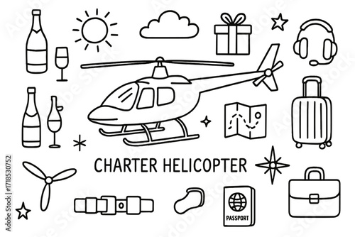 Luxury Helicopter Doodles. Hand-drawn doodle illustration luxury helicopter charter helicopter, champagne bottle, wine glass, gift box, sun, cloud, map,