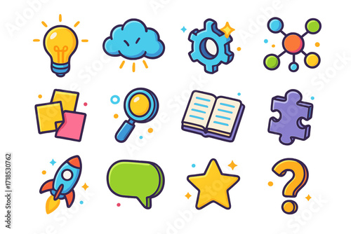 Colorful Idea Icons. Ideas. Colorful isometric vector icons set of ideas: glowing light bulb, brainstorming cloud, gear with spark, mind map, sticky notes,