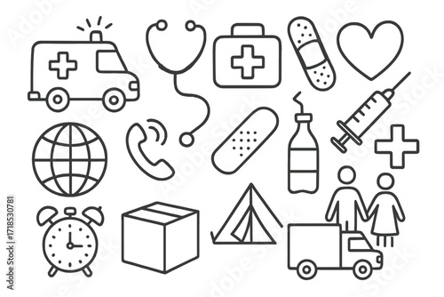 Emergency Aid Icons. Hand-drawn doodle illustration First aid and rescue ambulance, stethoscope, medical kit, syringe, bandage, heart, Red Cross symbol, globe,