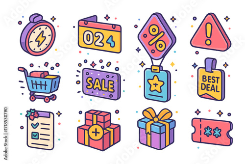 Vibrant Shopping Icons. Colorful isometric vector icons set of online shopping during sales events: flash sale clock, countdown timer banner, mega discount