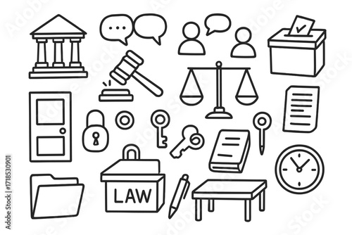 Justice Symbols Doodle. Hand-drawn doodle illustration Law and justice discussion courthouse, gavel, scales of justice, ballot box, closed door, lock, key,