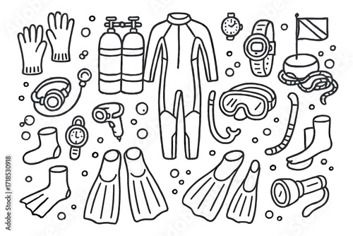 Scuba Diving Gear Doodles. Hand-drawn doodle illustration scuba diving equipment oxygen tank, regulator, diving mask, snorkel, fins, wetsuit, gloves, boots,