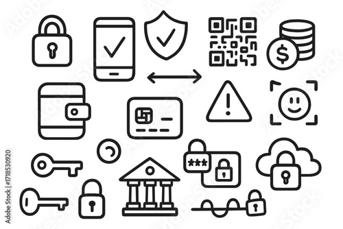 Digital Payment Icons. Hand-drawn doodle illustration Secure digital payments padlock, phone screen, wallet icon, secure shield, QR code, coin stack, card