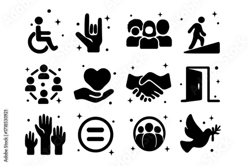 Inclusive Iconography. Inclusion. Solid icons set of wheelchair symbol, sign language hand, diverse people, accessible ramp, inclusive circle, support heart,