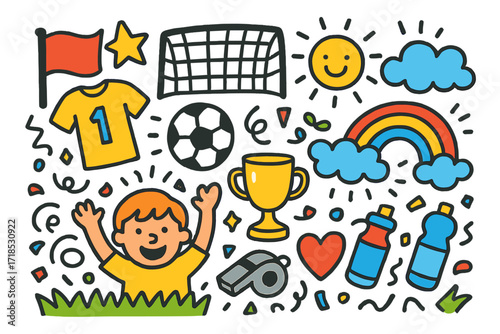 Soccer Celebration Doodles. Colorful Hand-drawn doodle Children illustration Soccer Fans [soccer net, soccer ball, flag, jersey, star, rainbow, sun, cloud,