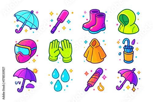 Neon Rain Gear Icons. Colorful isometric vector icons set of neon umbrellas and accessories: glowing transparent umbrella, LED umbrella handle, rain boots with