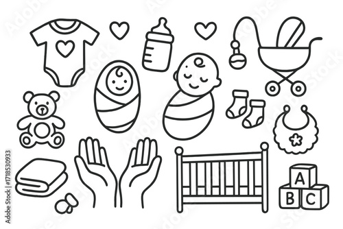 Baby Care Doodles. Hand-drawn doodle illustration [newborn and baby care] [baby, bottle, stroller, diaper, onesie, pacifier, crib, heart, teddy bear, blanket,