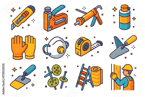Insulation Tools Icons. Colorful isometric vector icons set of construction tools for insulation: utility knife, insulation stapler, caulking gun, spray foam
