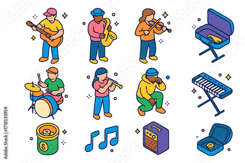 Street Musician Icons. Colorful isometric vector icons set of street musicians: guitar player, saxophone player, violinist, accordion player, drummer, flutist,