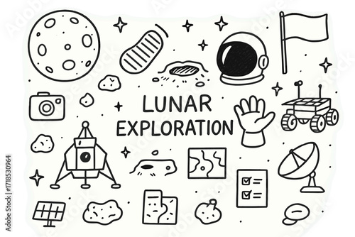 Lunar Exploration Icons. Hand-drawn doodle illustration [Lunar exploration] [moon, lunar lander, astronaut boot print, crater, rover, flag, stars, camera, rock