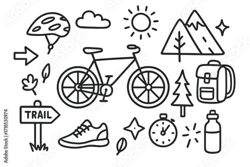 Mountain Biking Doodles. Hand-drawn doodle illustration Mountain biking bicycle, helmet, mountain, tree, arrow, backpack, water bottle, sun, star, spark,