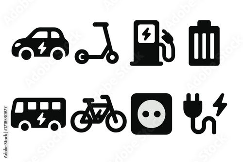 Electric Vehicle Icons. Solid, filled icon set of electric vehicles: electric car, electric scooter, charging station, battery pack, electric bus, electric