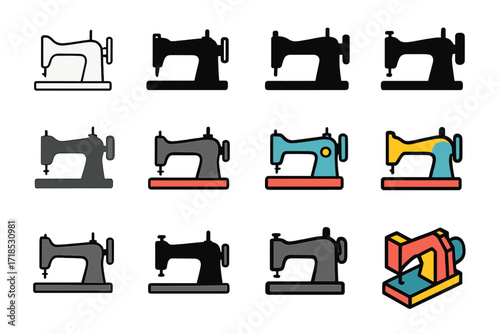 Handicraft Logo Designs. Set Logo of Handicrafts: Sewing Machine. Logo set in vector style, emblematic variations. line, bold thick line, solid black filled,