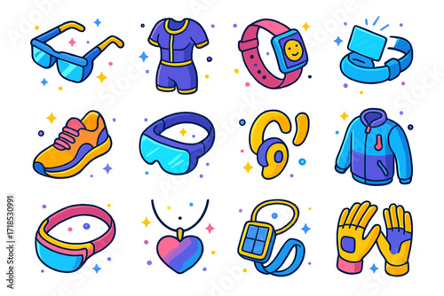 Futuristic Wearable Tech Icons. Colorful isometric vector icons set of wearable tech of the future: smart glasses, fitness suit, emotion-sensing bracelet,