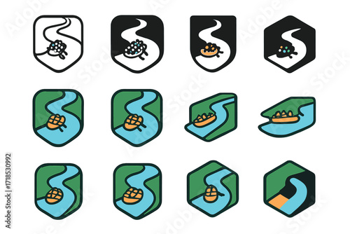 Rafting Logo Design. Set Logo of river rafting adventure: aerial view of raft on winding river. Logo set in vector style, emblematic variations. line, bold