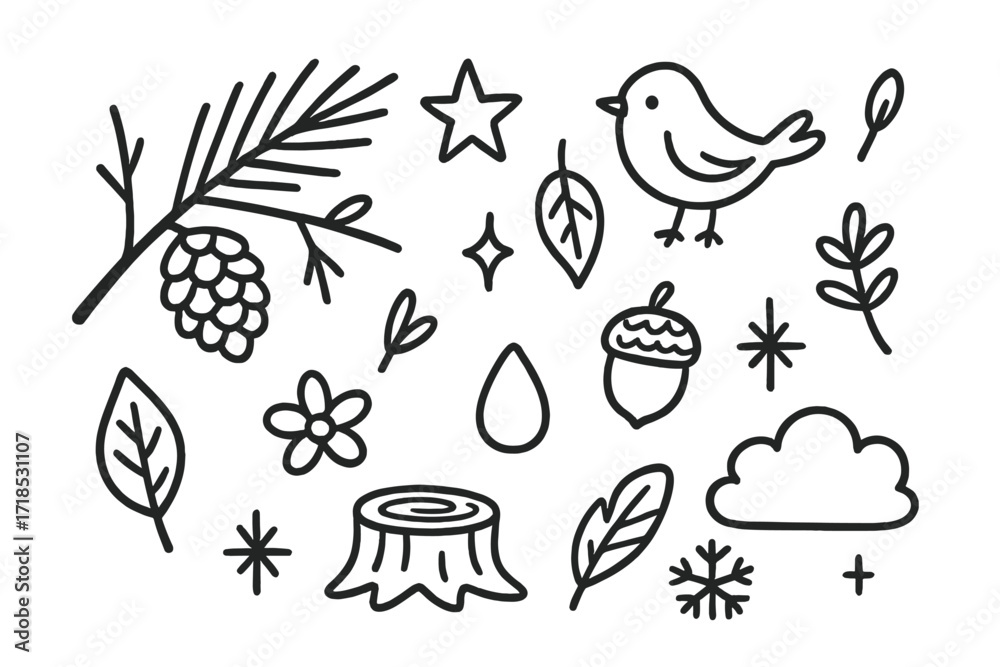 Fototapeta premium Nature Doodle Elements. Hand-drawn doodle illustration Pine Branch [pine branch, needles, pine cone, twig, star, leaf, bird, acorn, sparkles, stump, flower,