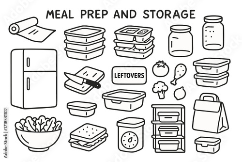 Meal Prep Doodle. Hand-drawn doodle illustration [Meal prep and storage] [plastic wrap, food trays, meal boxes, glass jars, fridge, knife, cutting board,