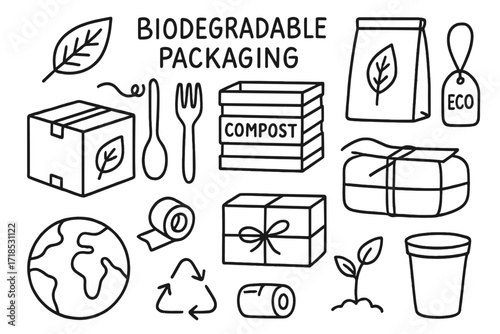 Biodegradable Packaging Icons. Biodegradable packaging. Hand-drawn doodle illustration biodegradable packaging leaf, compost bin, paper bag, cardboard box,