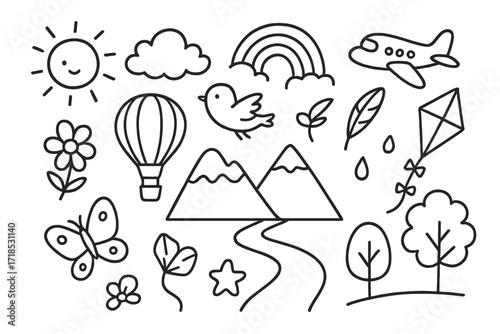 Morning Sky Doodles. Hand-drawn doodle illustration Morning sky sun, cloud, bird, rainbow, airplane, feather, hot air balloon, mountain, flower, butterfly,