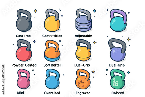 Colorful Kettlebell Icons. Colorful isometric vector icons set of kettlebell types and styles: cast iron kettlebell, competition kettlebell, adjustable