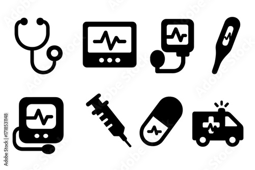 Medical Tools Icons. Solid, filled icon set of pulse medical tools: stethoscope, heart monitor, blood pressure cuff, thermometer, defibrillator, syringe, pill,