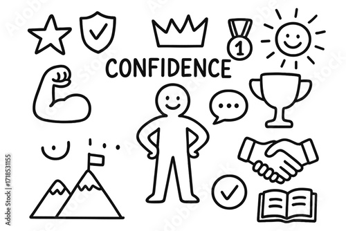 Doodle Confidence Icons. Confidence. Hand-drawn doodle illustration confidence person icon, star, shield, crown, medal, sun, trophy, speech bubble, handshake,