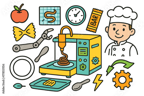 3D Food Printer Fun. Colorful Hand-drawn doodle Children illustration 3D Printed Food printer machine, food tray, chocolate swirl, pasta shape, robot hand,