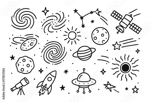 Celestial Doodle Icons. Galaxies and stars. Hand-drawn doodle illustration galaxies and stars spiral galaxy, star, shooting star, constellation, telescope,