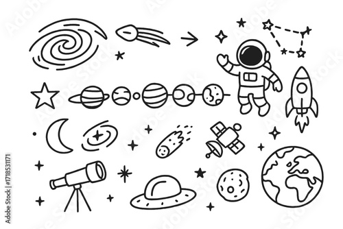 Cosmic Doodle Icons. Hand-drawn doodle illustration Cosmic alignment planets, orbit lines, star, moon, galaxy swirl, comet, meteor, rocket,