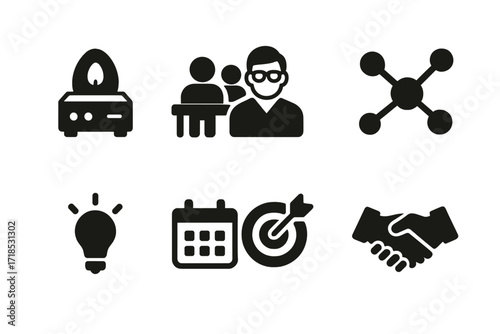 Startup Icon Set. Solid, filled icon set of startup ecosystem: incubator, coworking space, mentor, network nodes, light bulb, calendar, target, handshake.