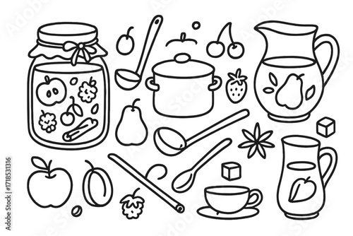 Festive Compote Doodles. Hand-drawn doodle illustration festive compote glass jar, pot, ladle, pitcher, spoon, apple, pear, plum, cherry, raspberry,