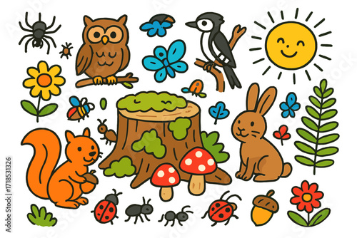 Whimsical Forest Doodle. Colorful Hand-drawn doodle Children illustration Mossy Tree Stump moss patches, mushrooms, beetles, ants, squirrel, owl, woodpecker,
