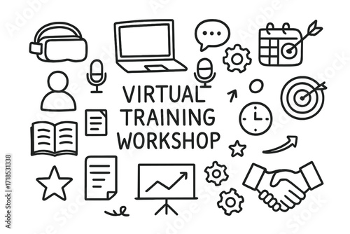 Virtual Workshop Elements. Hand-drawn doodle illustration virtual training workshop VR headset, laptop, microphone, avatar, gears, book, document, chart,