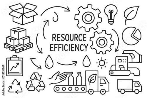 Resource Efficiency Icons. Resource efficiency. Hand-drawn doodle illustration resource efficiency gears, arrows, boxes, pallets, bottles, light bulbs, charts,