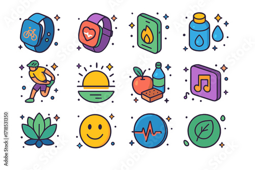 Healthy Cycling Icons. Colorful isometric vector icons set of healthy lifestyle cycling: fitness tracker, heart rate watch, calories burned app, hydration