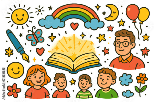 Magical Children's Book. Colorful Hand-drawn doodle Children illustration Magical Book Event glowing book, pen, author, children smiling, rainbow, star, heart,