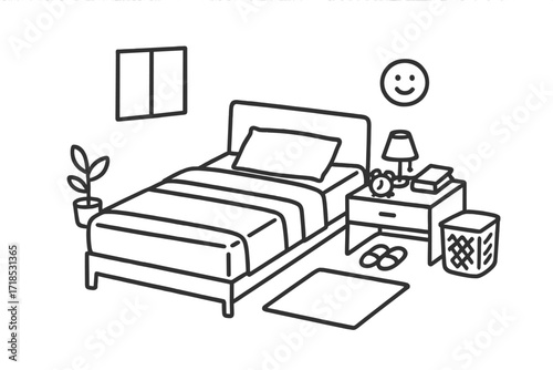 Minimalist Bedroom Doodle. Hand-drawn doodle illustration [Minimalist tidy bed] [single pillow, flat sheet, tidy corner, headboard, folded blanket, plant pot,