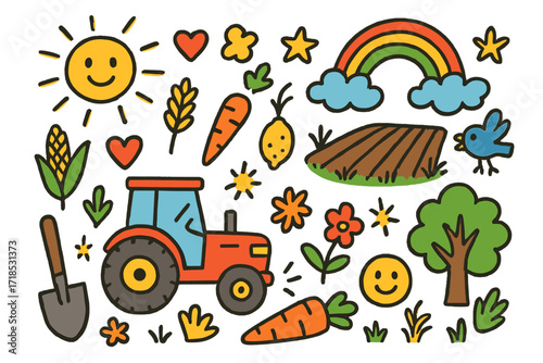 Colorful Farm Doodle. Colorful Hand-drawn doodle Children illustration Farm Life and Rotation [tractor, plowed field, shovel, corn, wheat, carrot, tree,