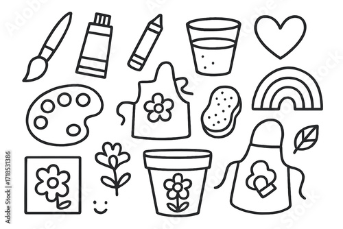 Kids Art Supplies. Hand-drawn doodle illustration kids art supplies for flower pots paintbrush, paint tube, crayon, marker, paint palette, water cup, sponge,